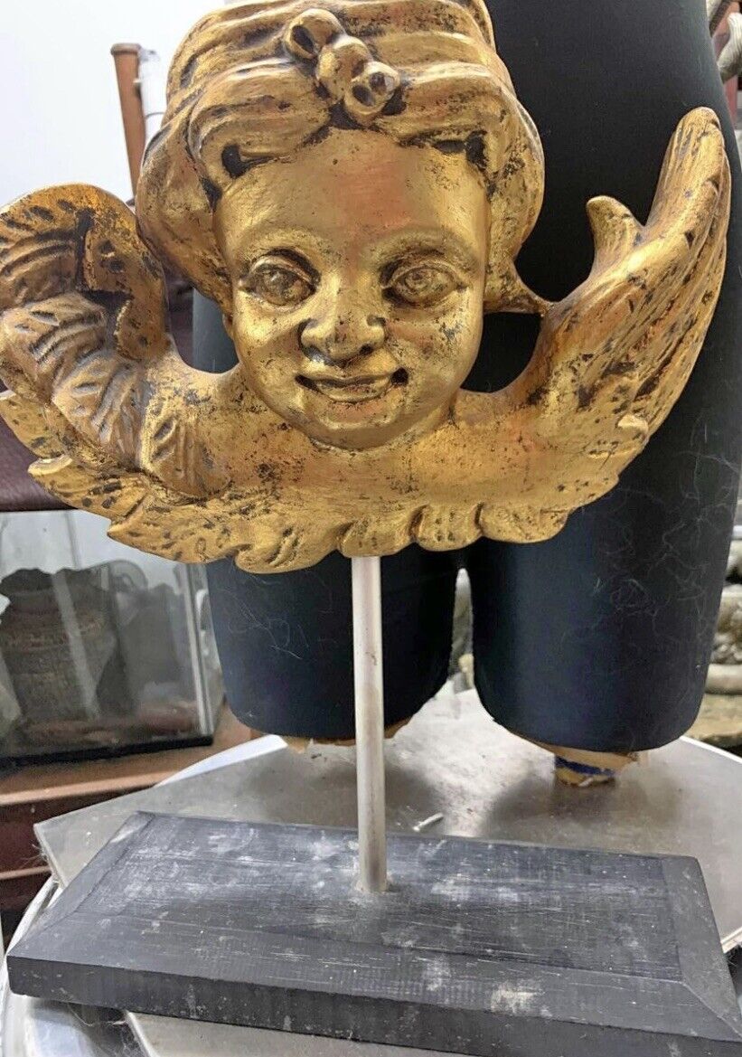 Hand Carved Wooden Angel Cupid GOLD Black Stand 38cm Decor Doorstop Paper Weight