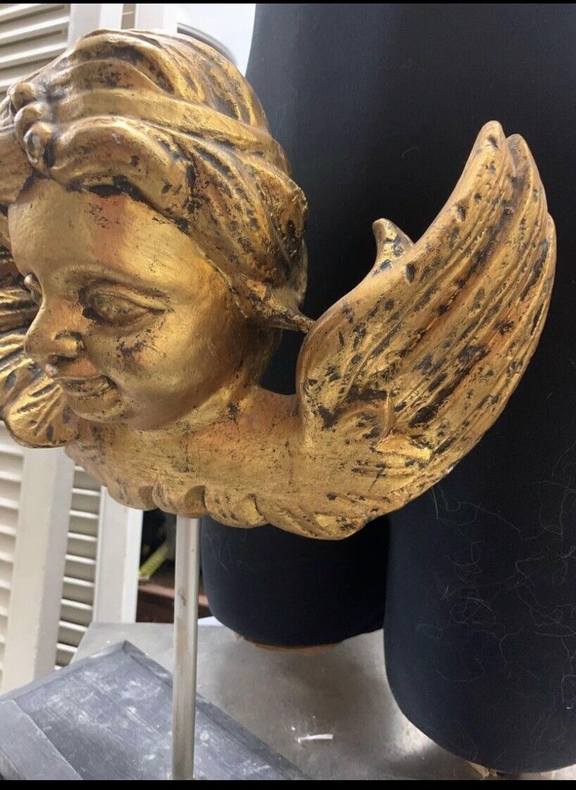 Hand Carved Wooden Angel Cupid GOLD Black Stand 38cm Decor Doorstop Paper Weight