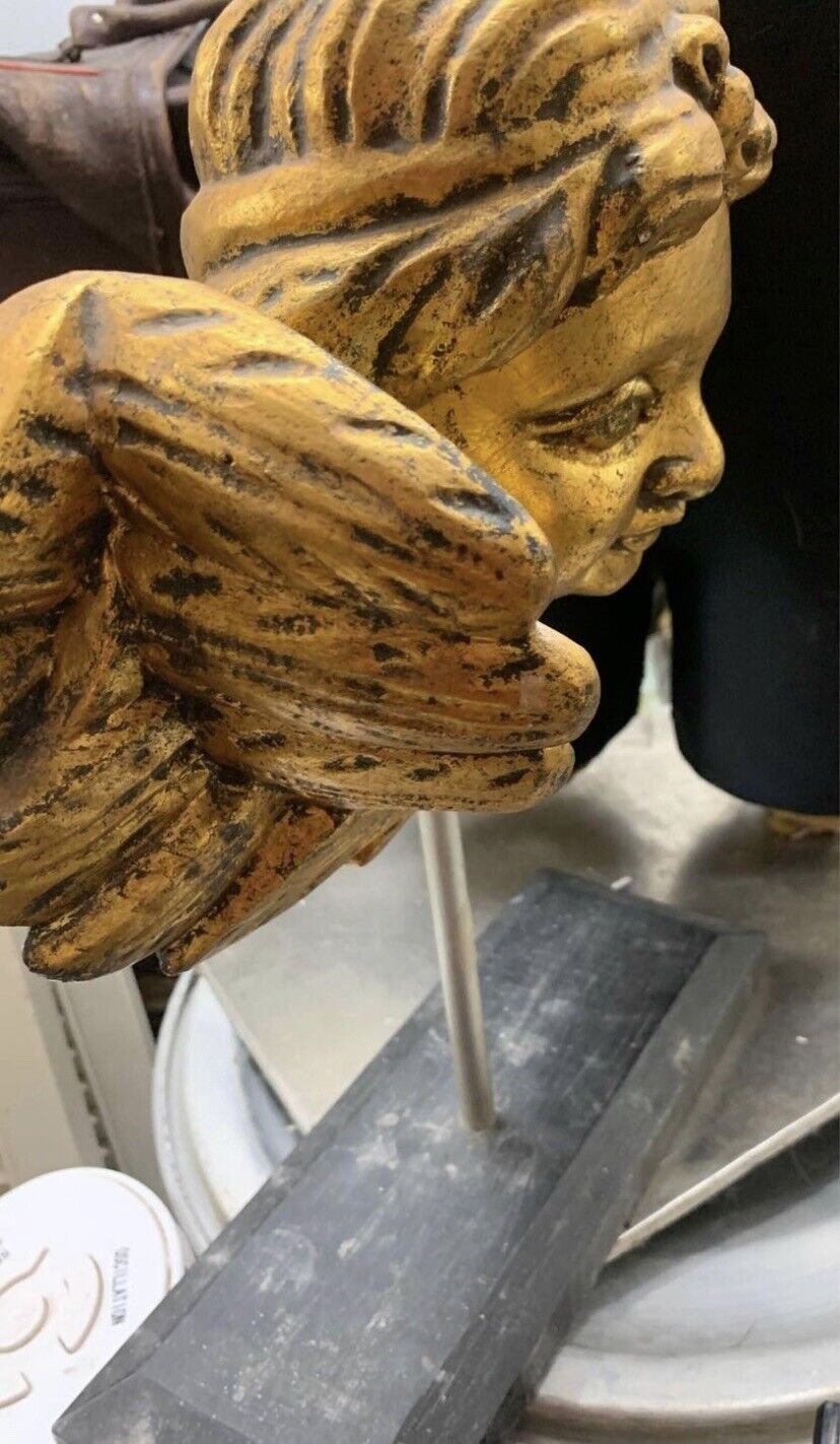 Hand Carved Wooden Angel Cupid GOLD Black Stand 38cm Decor Doorstop Paper Weight