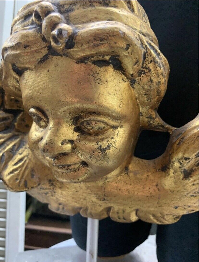 Hand Carved Wooden Angel Cupid GOLD Black Stand 38cm Decor Doorstop Paper Weight