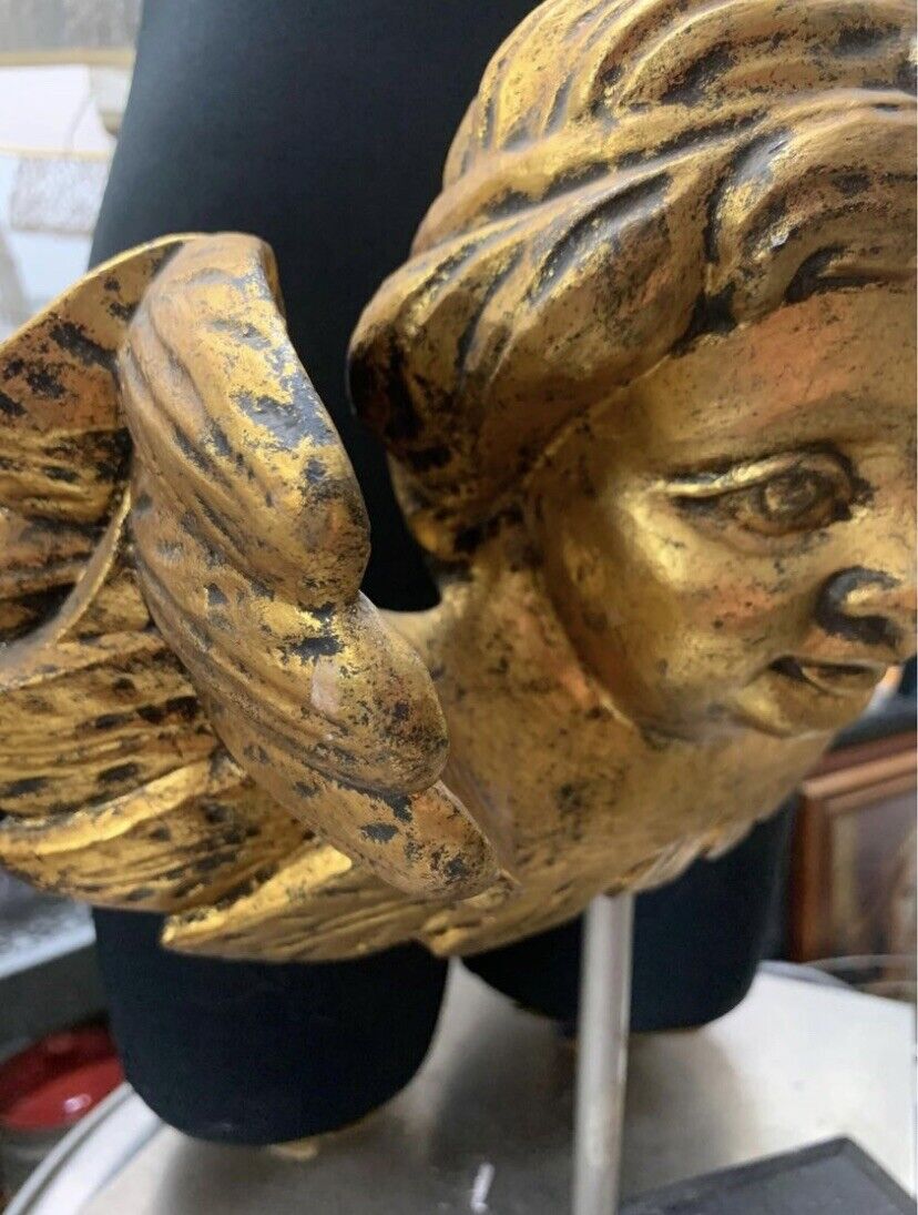 Hand Carved Wooden Angel Cupid GOLD Black Stand 38cm Decor Doorstop Paper Weight