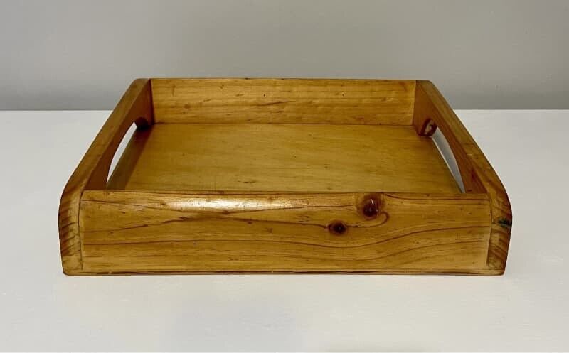 Retro 42cm Polished Solid Pine Wood Serving Tray w Handles Grips AE298