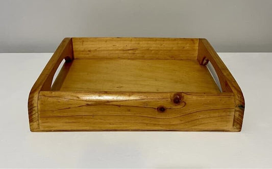 Retro 42cm Polished Solid Pine Wood Serving Tray w Handles Grips AE298