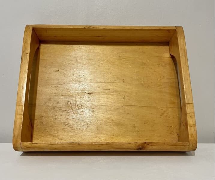 Retro 42cm Polished Solid Pine Wood Serving Tray w Handles Grips AE298