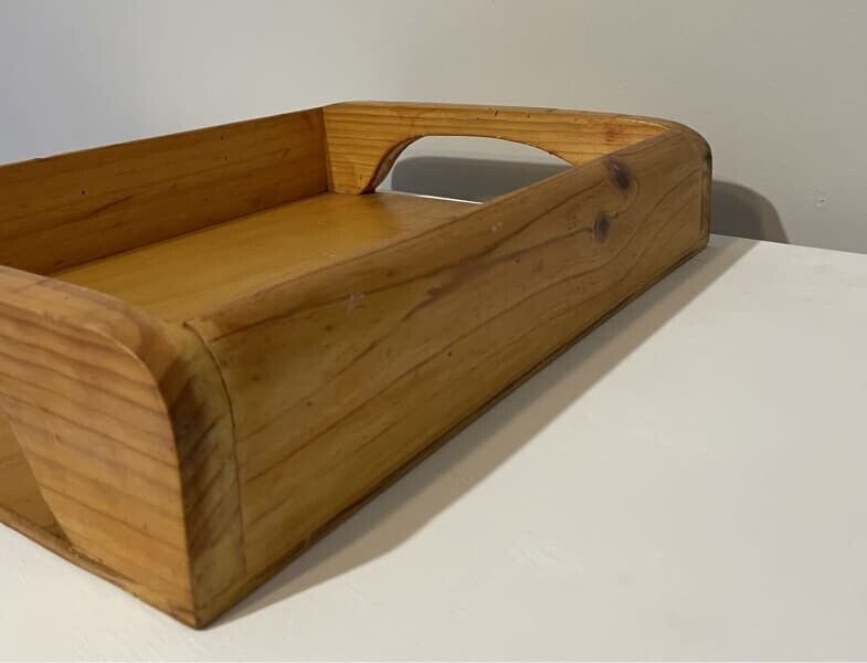 Retro 42cm Polished Solid Pine Wood Serving Tray w Handles Grips AE298