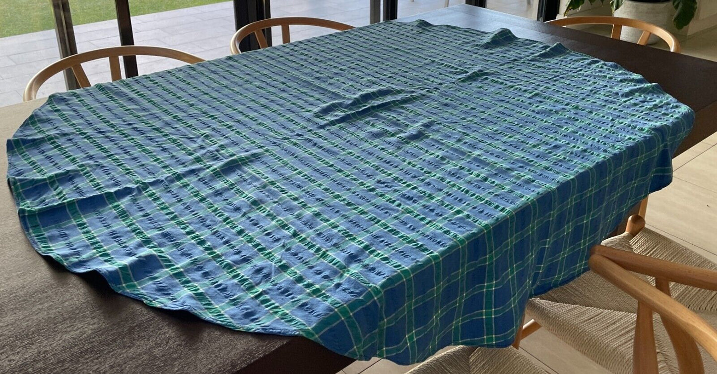 TABLE CLOTH Vintage Seersucker Picnic Oval Blue Green White Check 156 x 153cm
