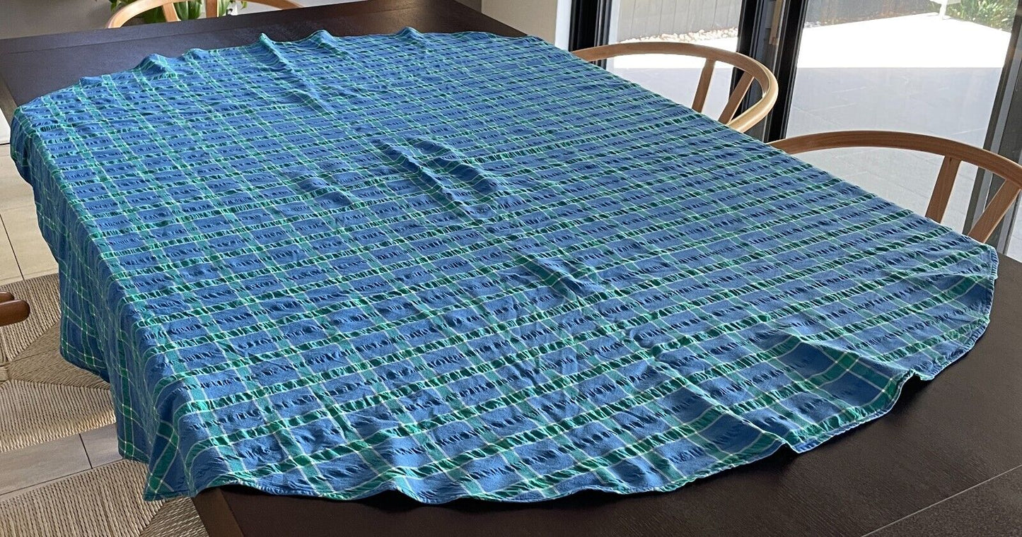 TABLE CLOTH Vintage Seersucker Picnic Oval Blue Green White Check 156 x 153cm