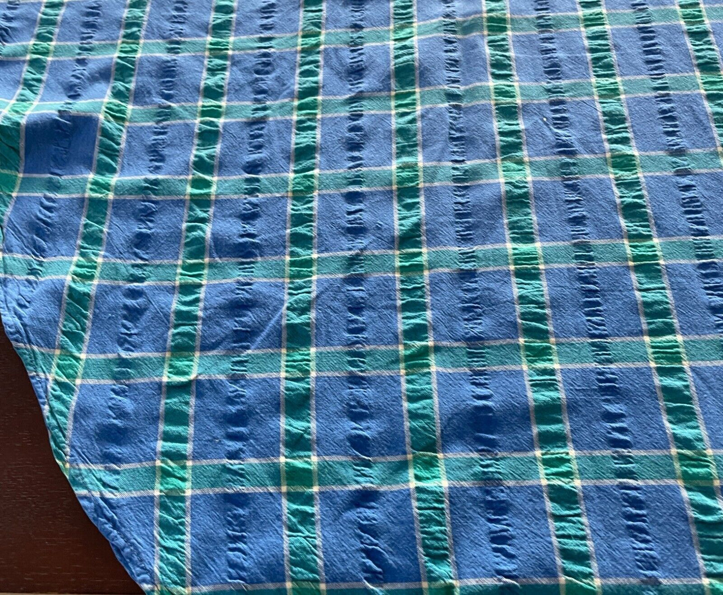 TABLE CLOTH Vintage Seersucker Picnic Oval Blue Green White Check 156 x 153cm