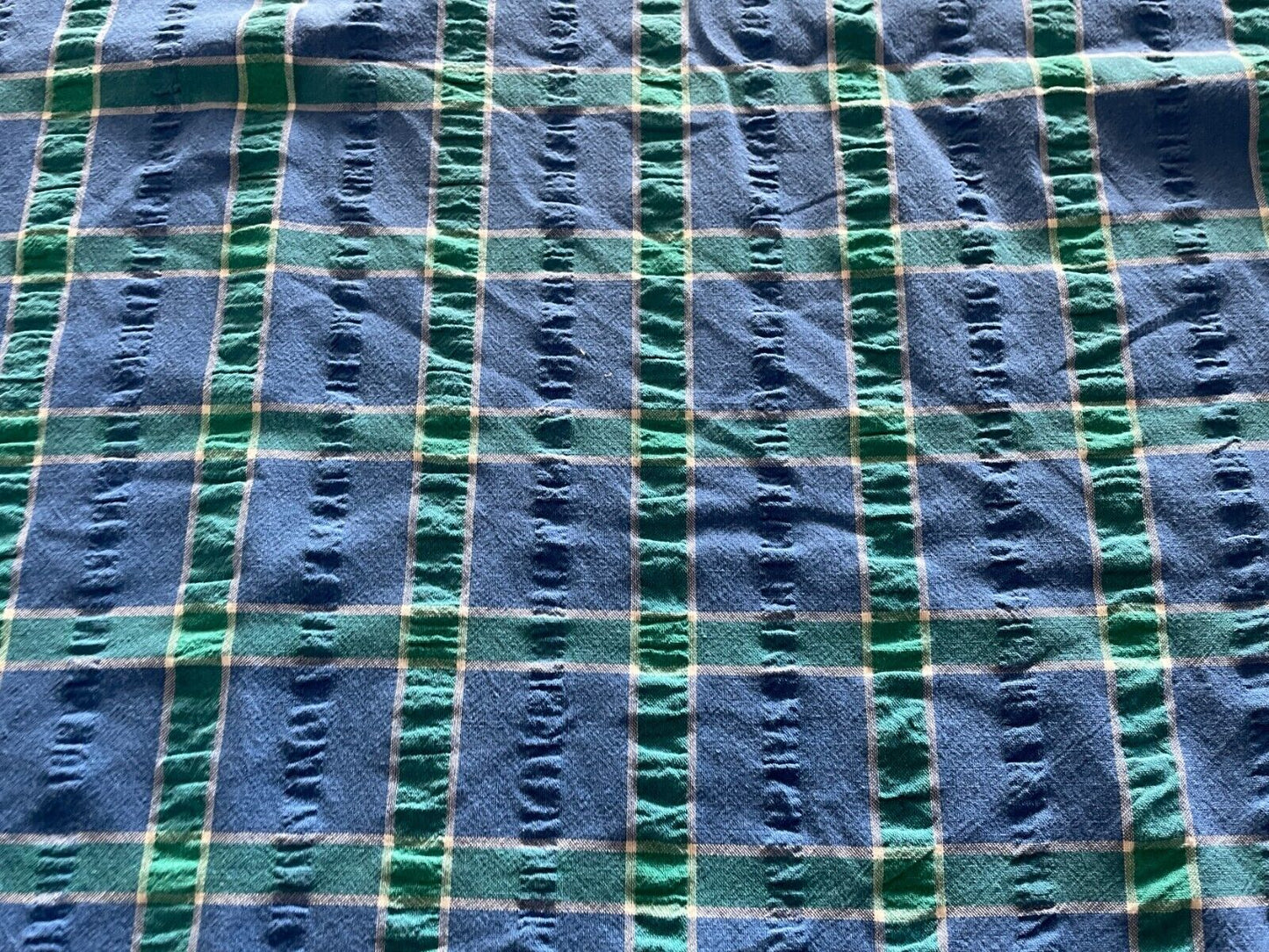 TABLE CLOTH Vintage Seersucker Picnic Oval Blue Green White Check 156 x 153cm