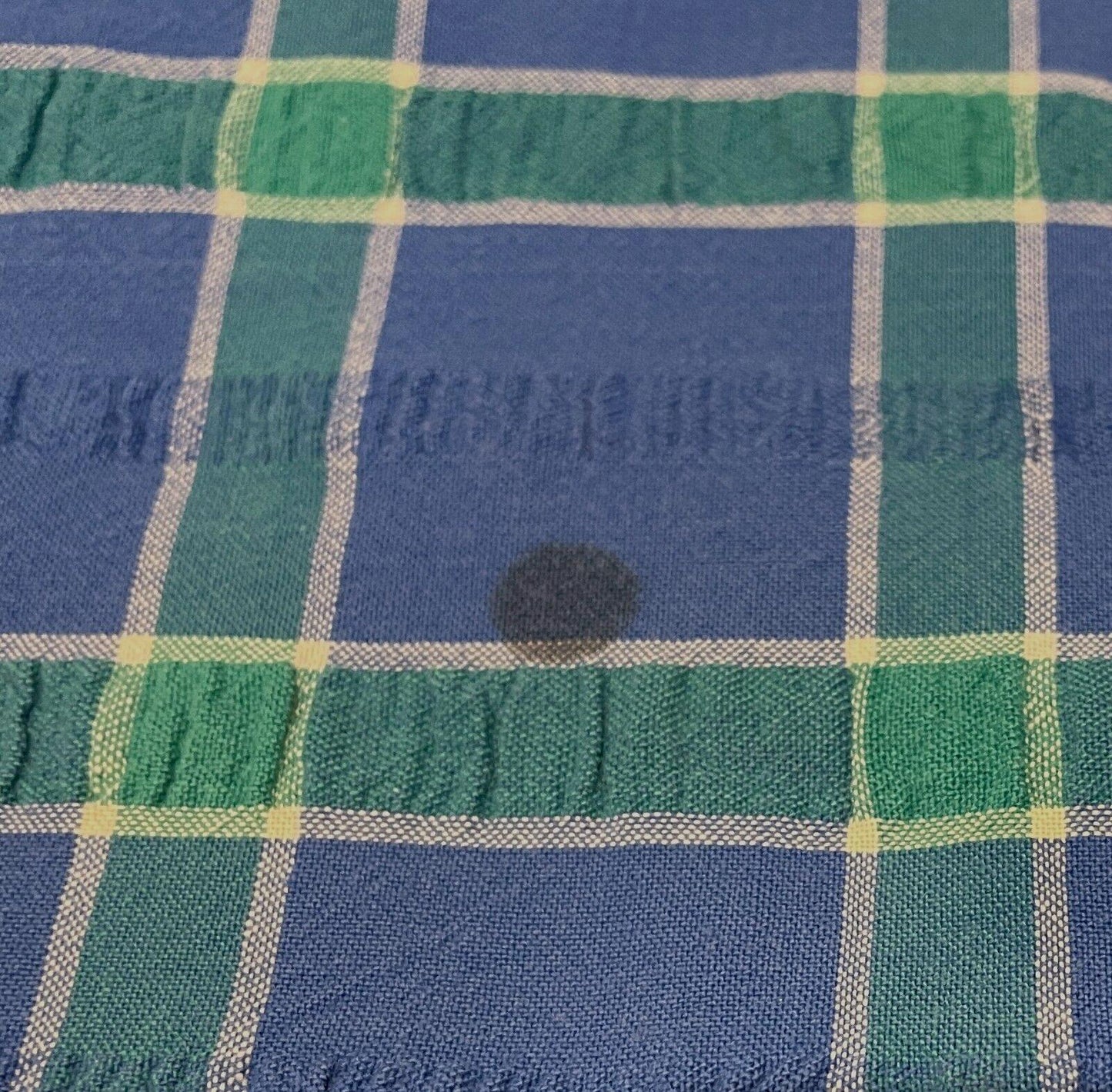 TABLE CLOTH Vintage Seersucker Picnic Oval Blue Green White Check 156 x 153cm