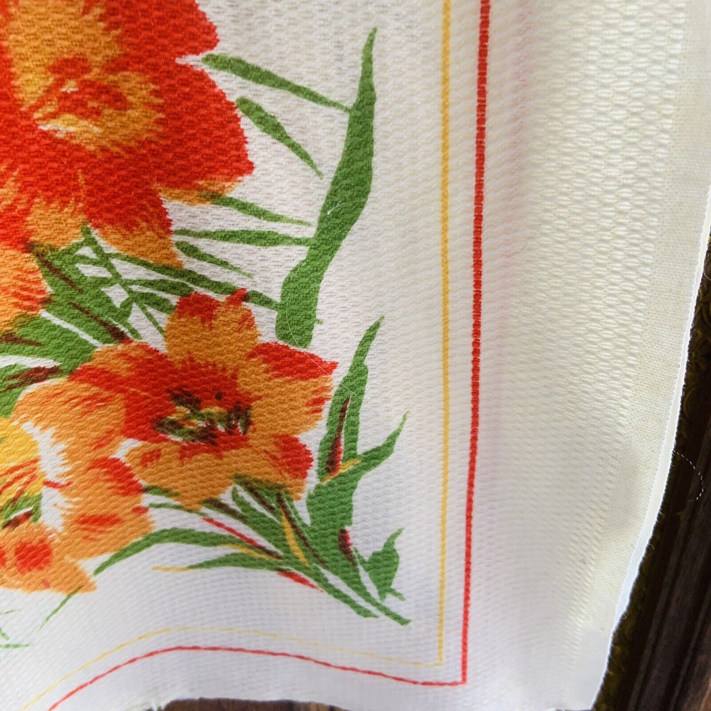 TABLE CLOTH Vintage 1960'S Floral Print WAFFLE COTTON Red Green Orange FLOWER