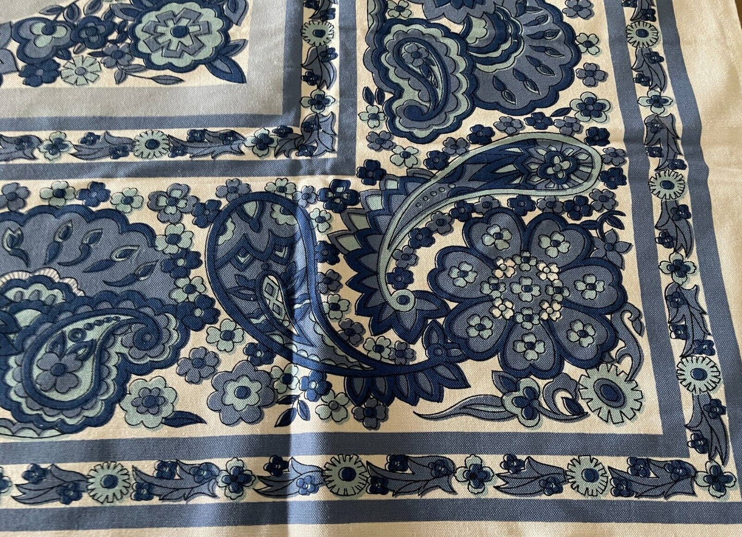 TABLE CLOTH Vintage 1960'S Cotton Blue & White Paisley Floral Print  124 x 124cm