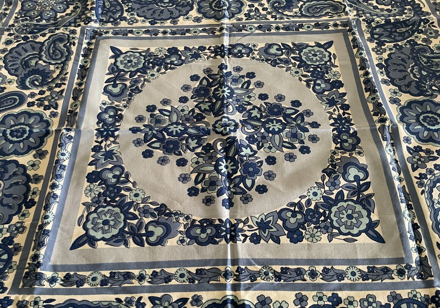 TABLE CLOTH Vintage 1960'S Cotton Blue & White Paisley Floral Print  124 x 124cm