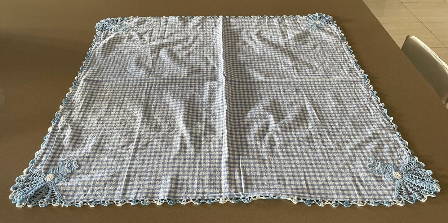 TABLE CLOTH Blue White Gingham Seersucker Fabric 93cm Crochet Trim Handmade NEW