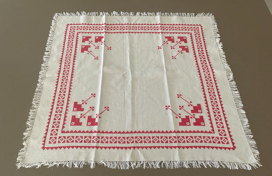 TABLE CLOTH Supper 1960s White Red Embroidered Border & Motif Baltic 70 x 76cm