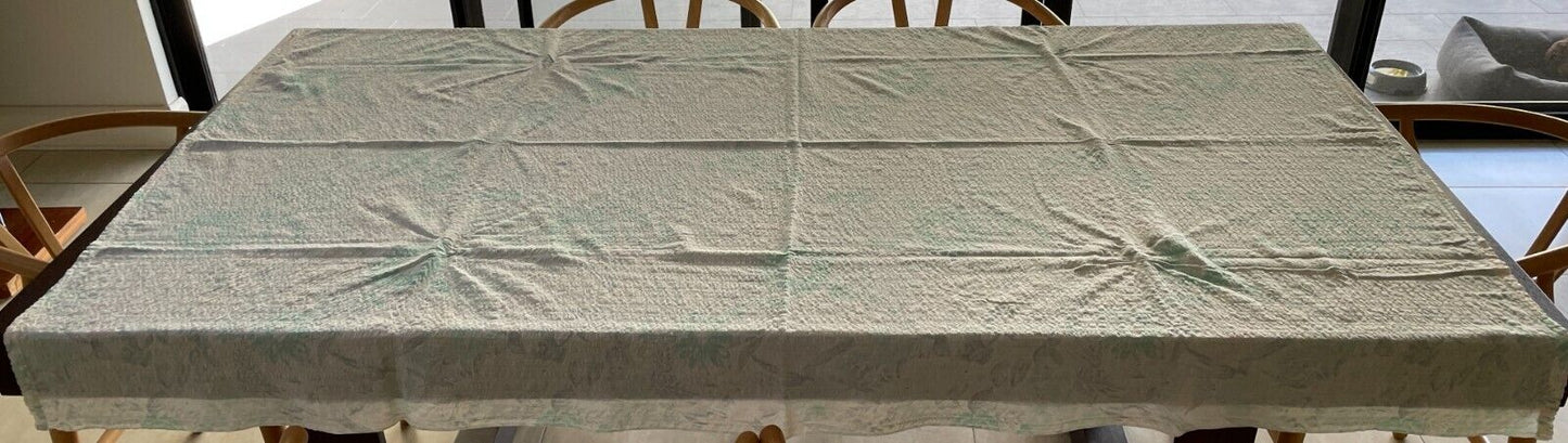 TABLE CLOTH Vintage Seersucker Floral Print Pale Green/Pink/Orange 197 x 142cm