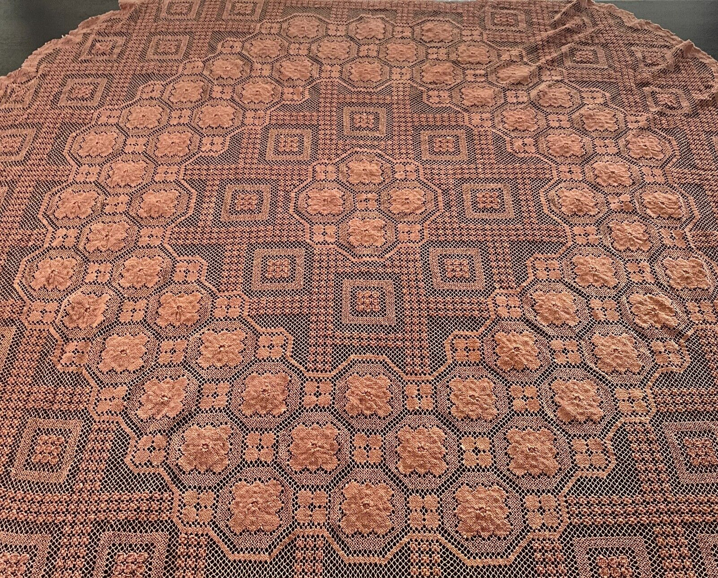TABLE CLOTH 1970s Light Brown Cotton Round Wall Hanging 141cm Diameter