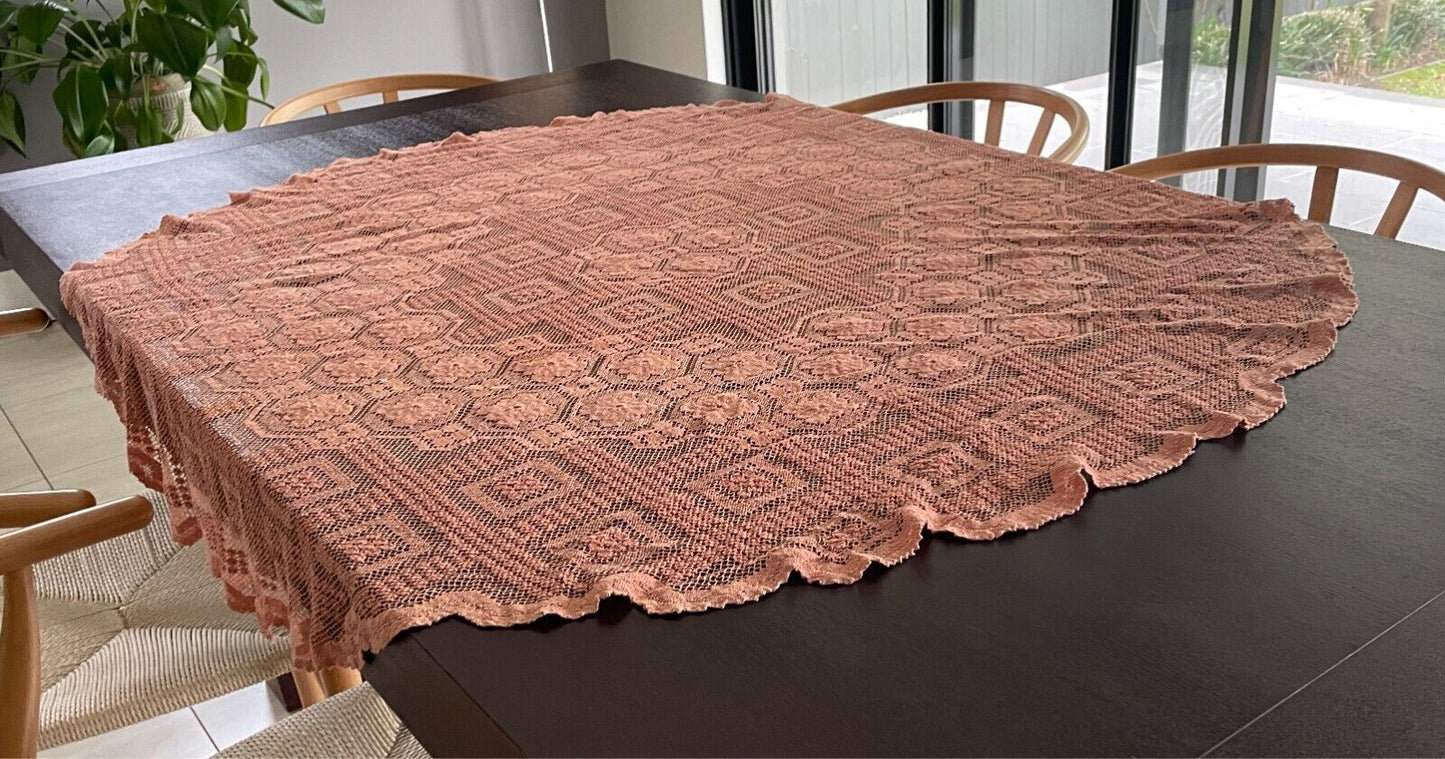 TABLE CLOTH 1970s Light Brown Cotton Round Wall Hanging 141cm Diameter