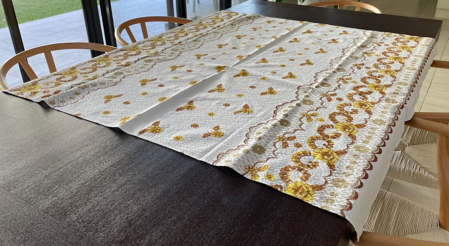 Vintage TABLE CLOTH Cotton Seersucker Picnic White Brown Yellow Gold 125cm Sq
