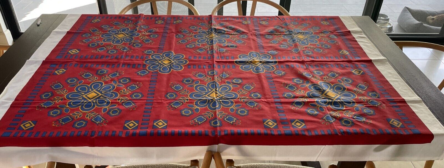 TABLE CLOTH Vintage 1960'S Cotton Maroon Gold Blue Floral Print 127 x 172cm