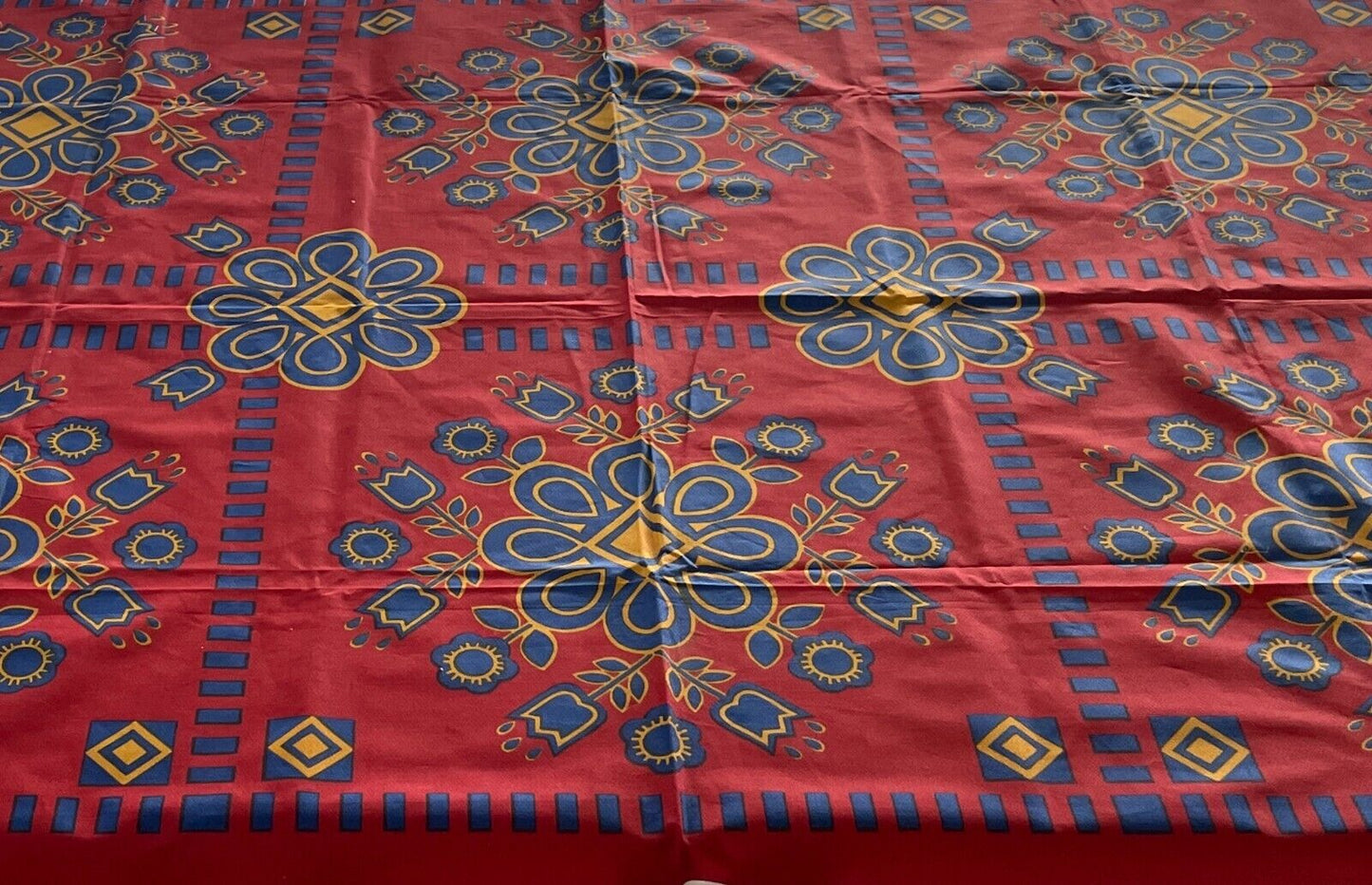 TABLE CLOTH Vintage 1960'S Cotton Maroon Gold Blue Floral Print 127 x 172cm