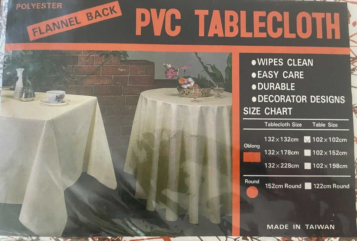 TABLE CLOTH 1970’s Square 132cm PVC Flannel Back Orange Brown White Branch Print