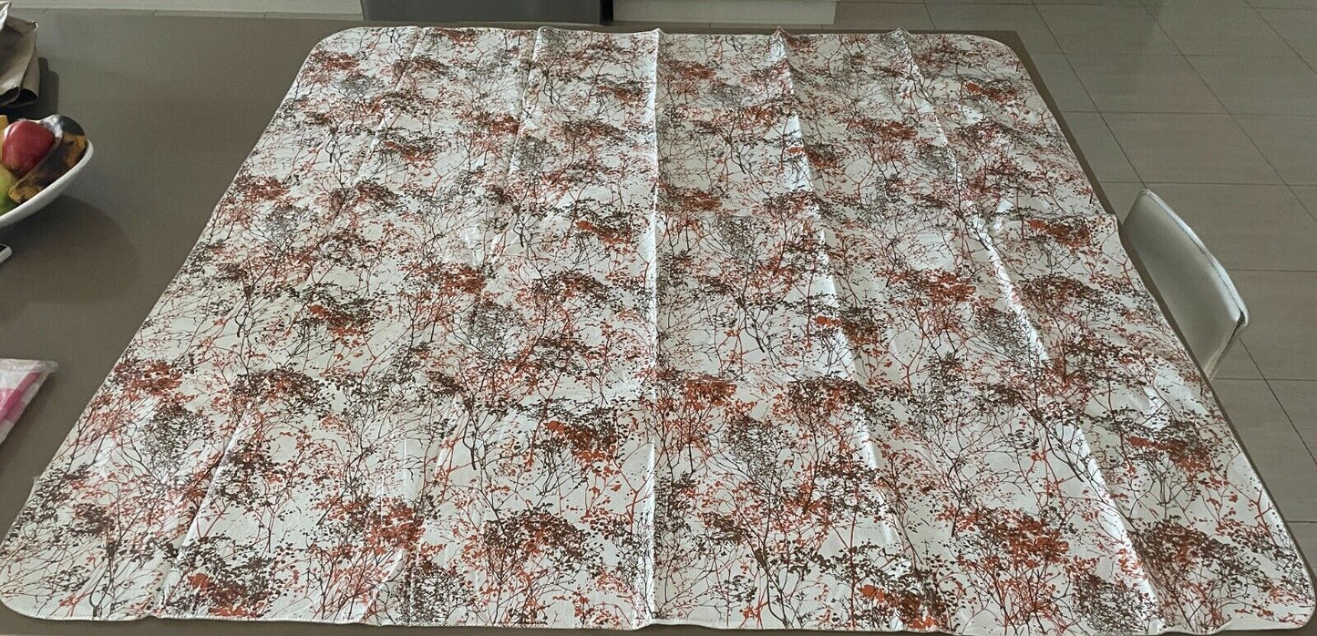 TABLE CLOTH 1970’s Square 132cm PVC Flannel Back Orange Brown White Branch Print