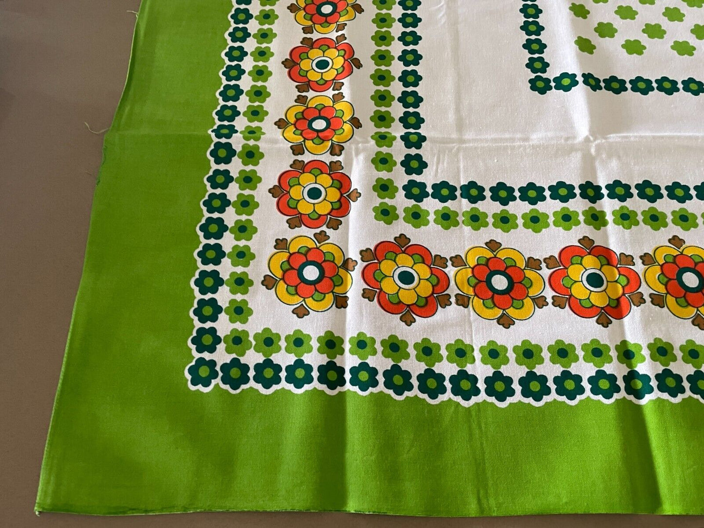 TABLE CLOTH Vintage 1960'S Cotton Green Orange Yellow Floral Print 129 x 124cm