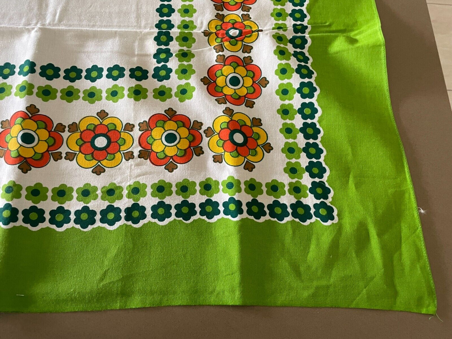 TABLE CLOTH Vintage 1960'S Cotton Green Orange Yellow Floral Print 129 x 124cm