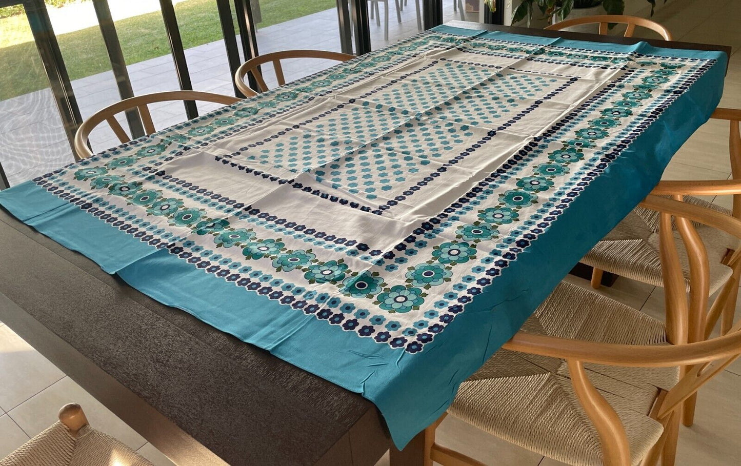 TABLE CLOTH Vintage 1960'S Cotton Blue Shades White Floral Print  127 x 176cm