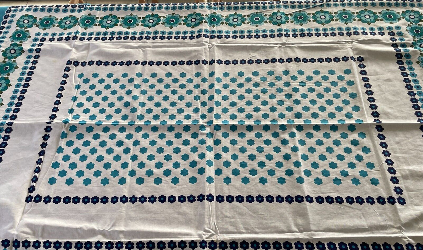 TABLE CLOTH Vintage 1960'S Cotton Blue Shades White Floral Print  127 x 176cm