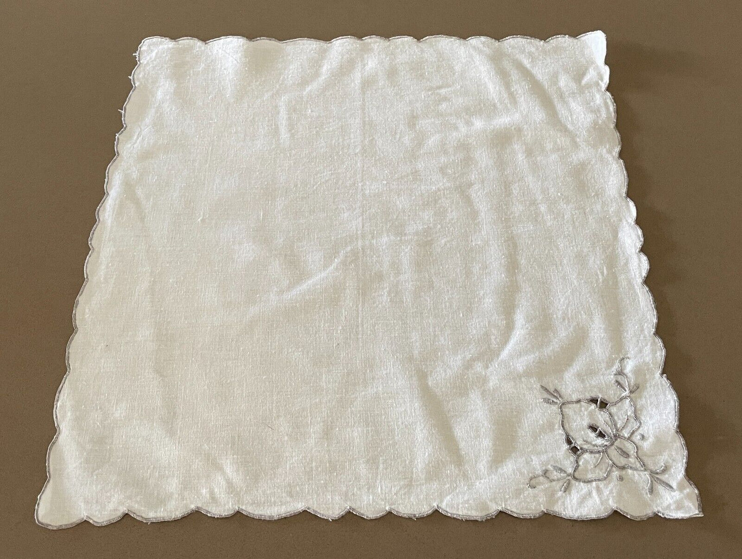 Vintage High Tea NAPKINS Off Set of 11 White Cotton & Grey Embroidered 40cm NEW
