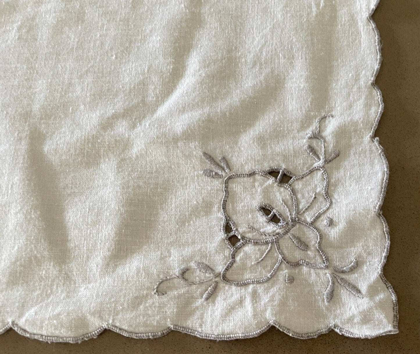 Vintage High Tea NAPKINS Off Set of 11 White Cotton & Grey Embroidered 40cm NEW