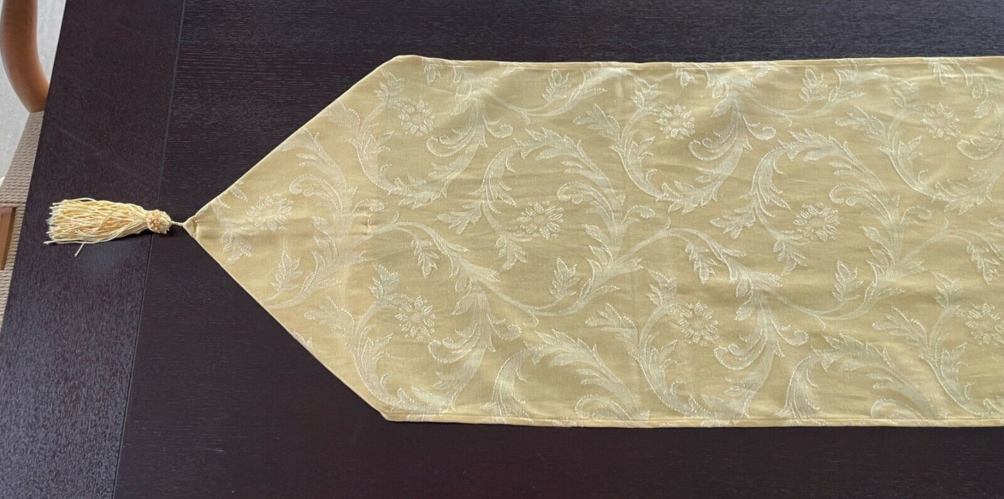 Table Runner Pale Yellow Jacquard Damask Fabric with Fringed Tassel Trim