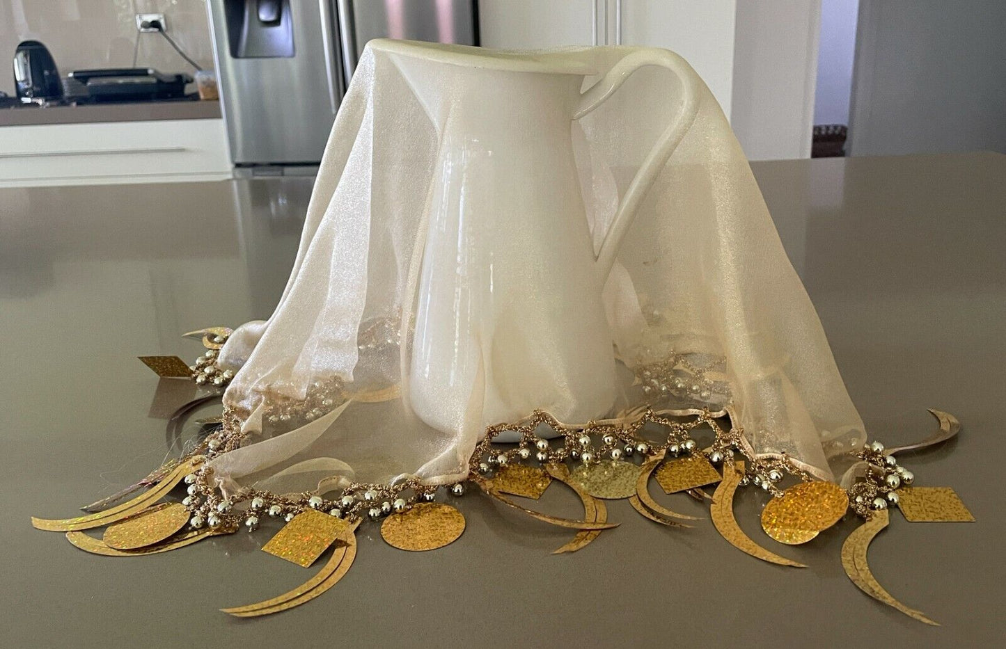 JUG COVER Gold Sheer Organza Table Cloth Centre Piece Bead & Disc Glitter NEW