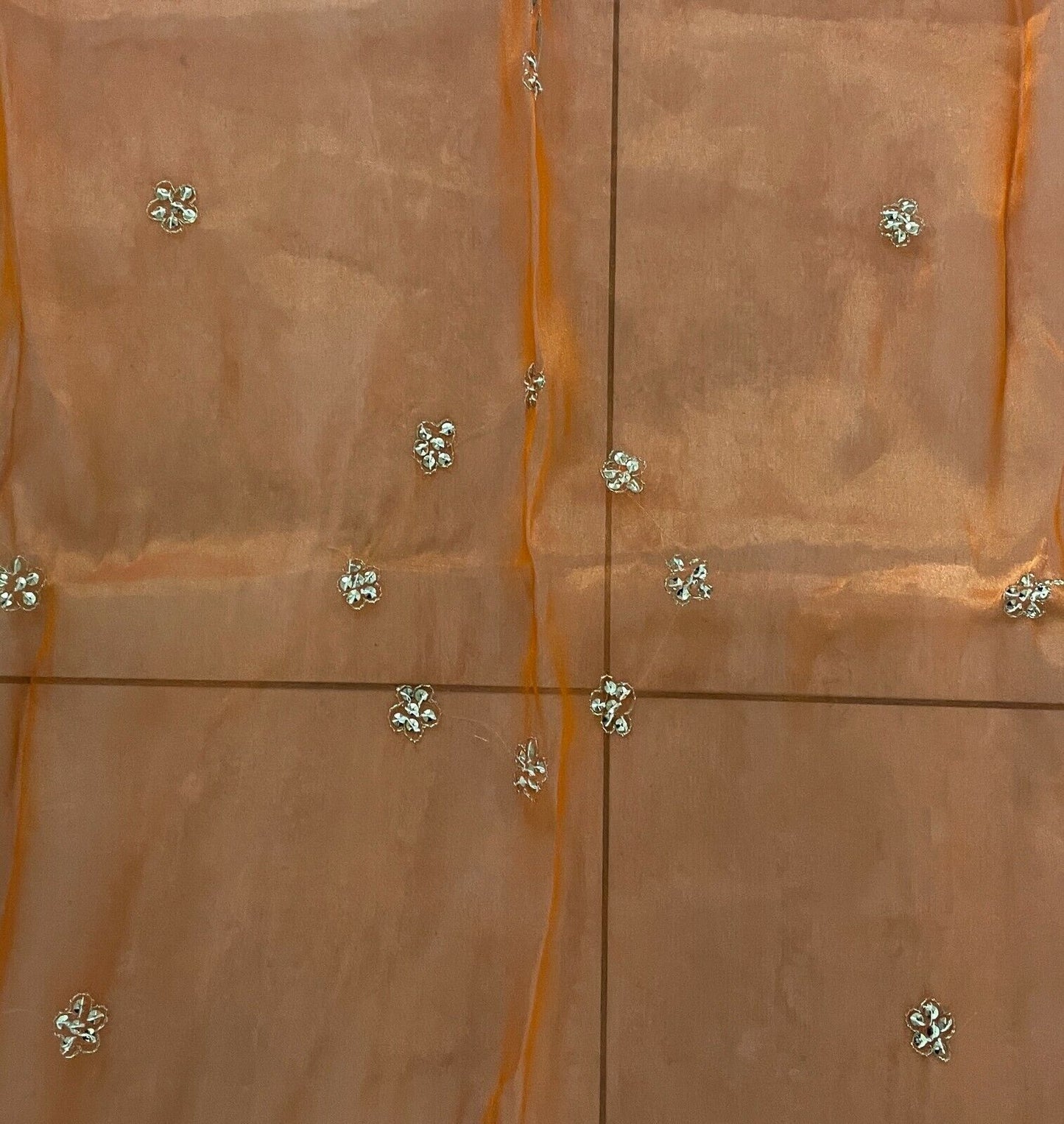 90cm Square Table Cloth Net Orange Organza Gold Embroidered Beaded Stunning NEW