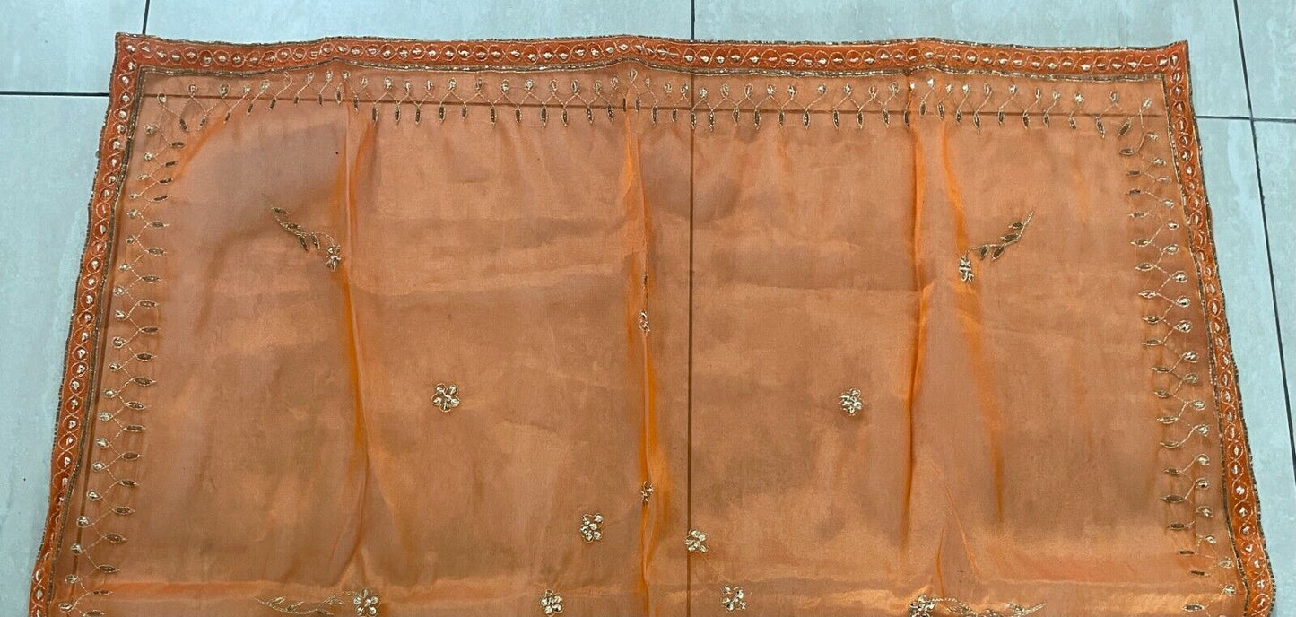 90cm Square Table Cloth Net Orange Organza Gold Embroidered Beaded Stunning NEW
