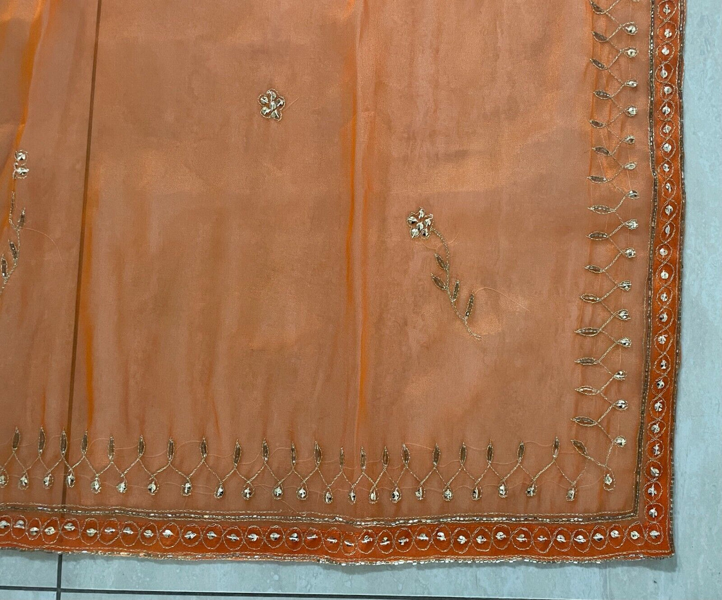 90cm Square Table Cloth Net Orange Organza Gold Embroidered Beaded Stunning NEW