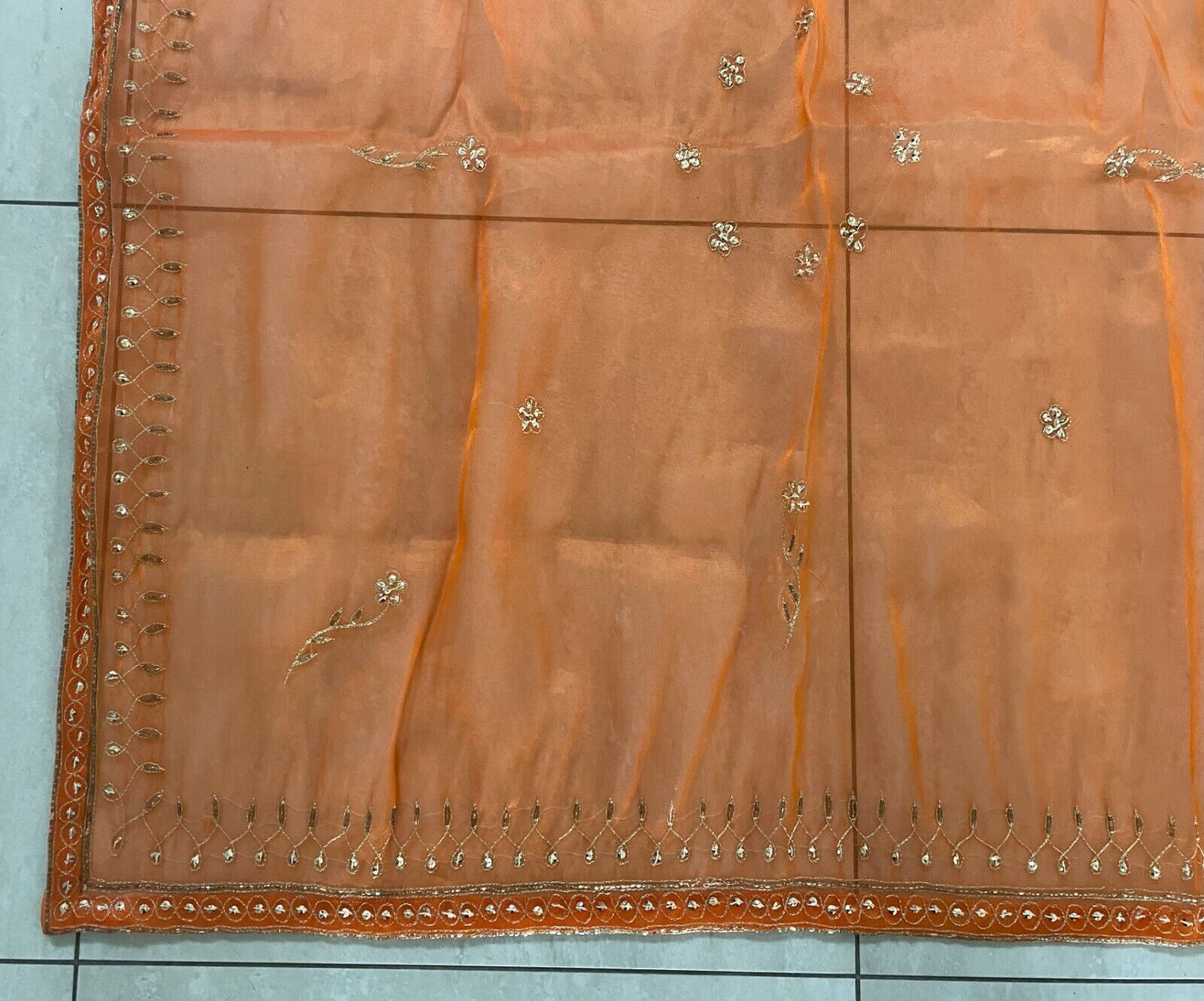 90cm Square Table Cloth Net Orange Organza Gold Embroidered Beaded Stunning NEW