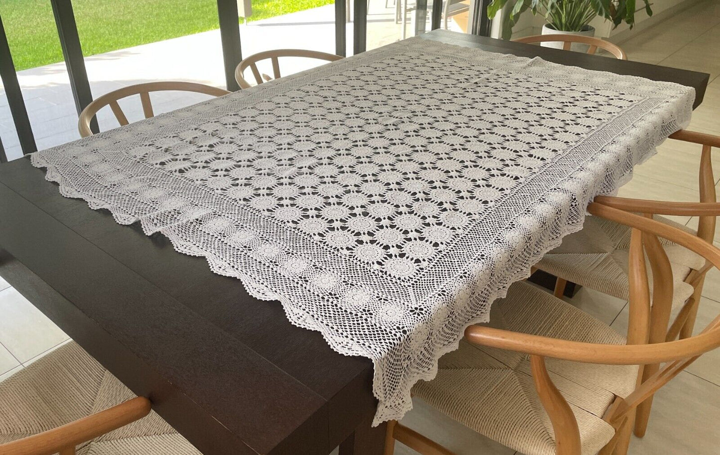 Crochet Lace TABLE CLOTH 1970s White Cotton Rectangle Bedspread 137 x 183cm