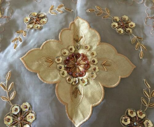 Vintage 2x Organza TABLECLOTH SET Centre + 12 Napkins Gold Bead Sequin NEW