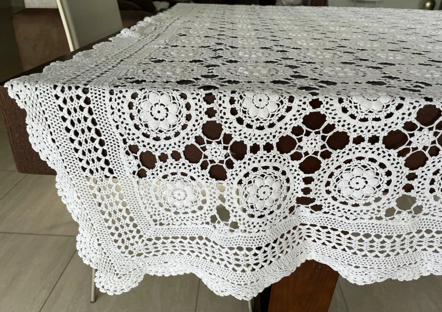 Crochet Lace TABLE CLOTH 1970's White Cotton Rectangle Bedspread 222x171cm