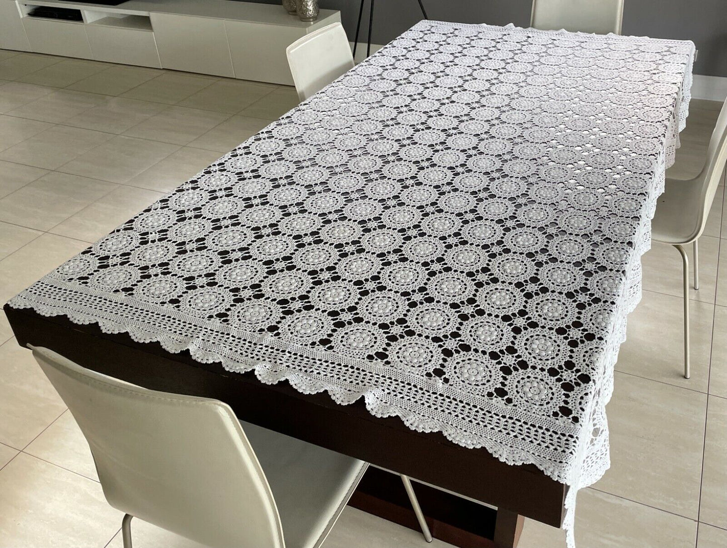 Crochet Lace TABLE CLOTH 1970's White Cotton Rectangle Bedspread 222x171cm