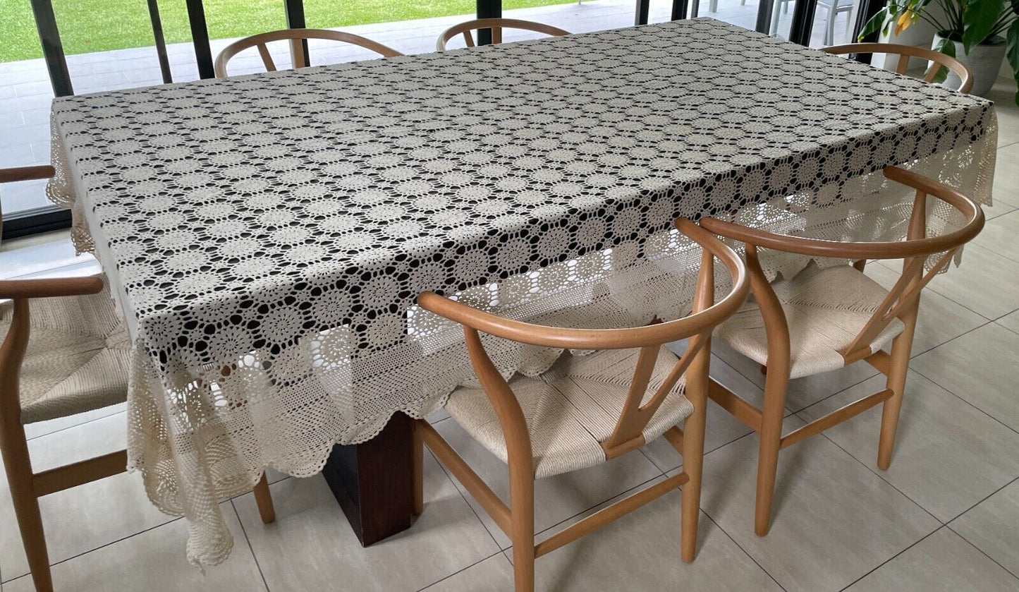 Crochet Lace TABLE CLOTH 1970s Beige Cotton Rectangle Bedspread 250cm x 188cm