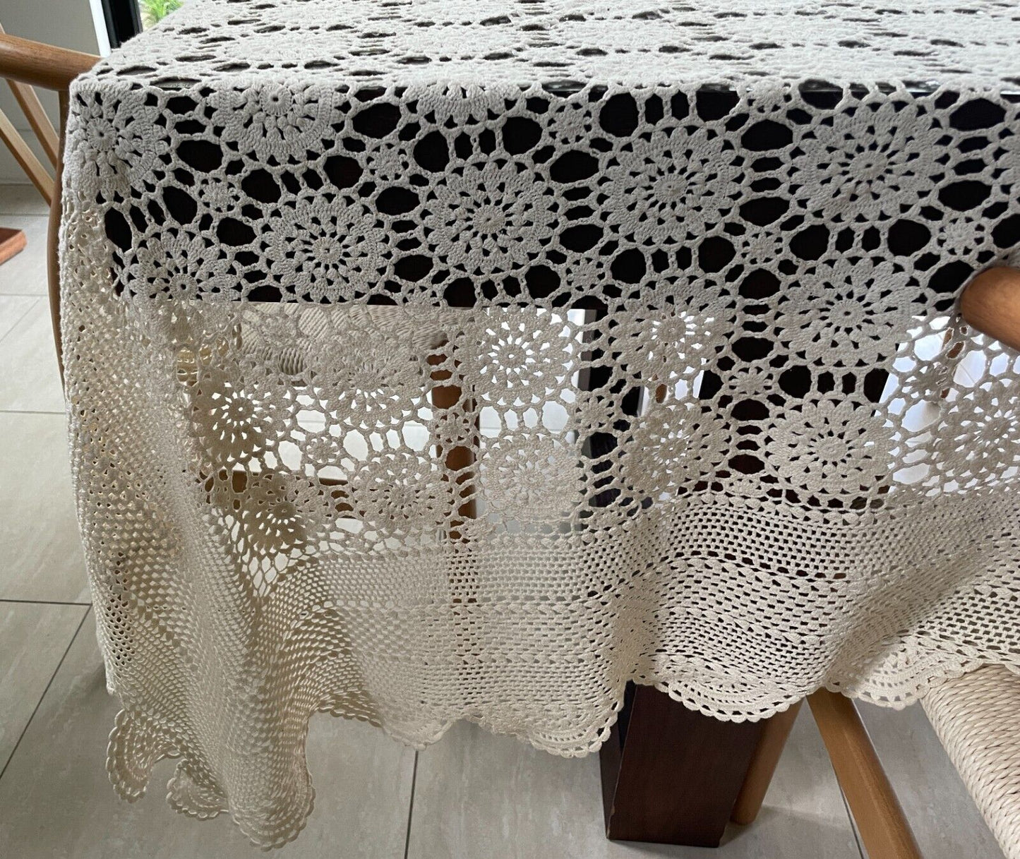 Crochet Lace TABLE CLOTH 1970s Beige Cotton Rectangle Bedspread 250cm x 188cm