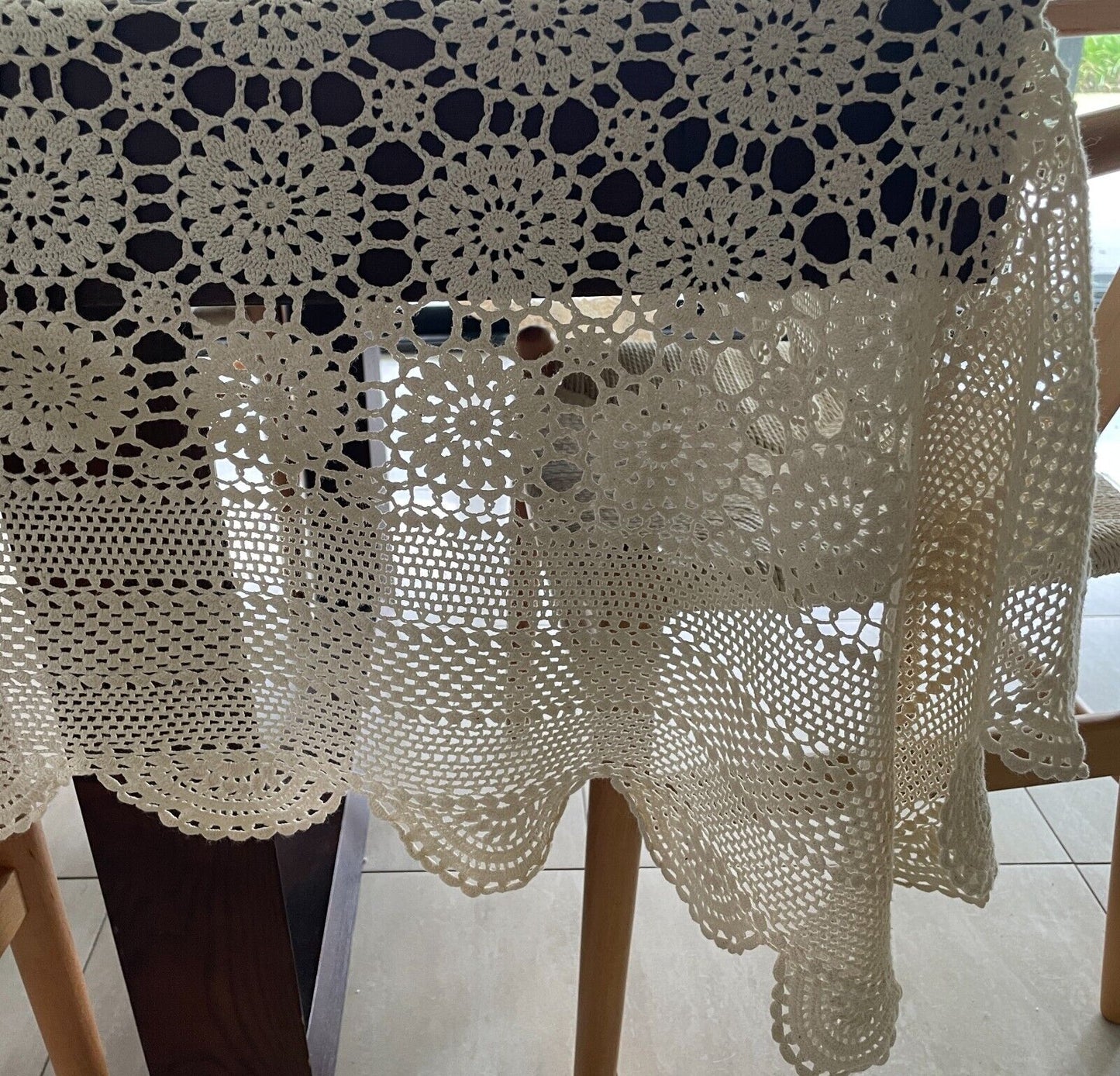 Crochet Lace TABLE CLOTH 1970s Beige Cotton Rectangle Bedspread 250cm x 188cm