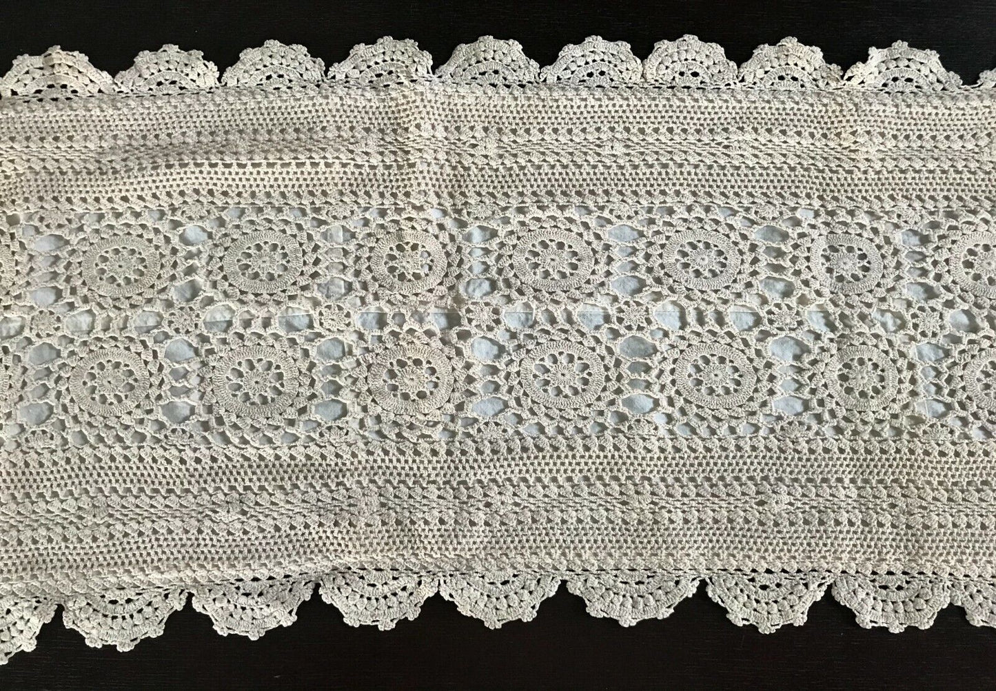 Hand Crochet Lined TABLE RUNNER Doily Rectangle Doilies 90.5 x 36cm Bone Colour