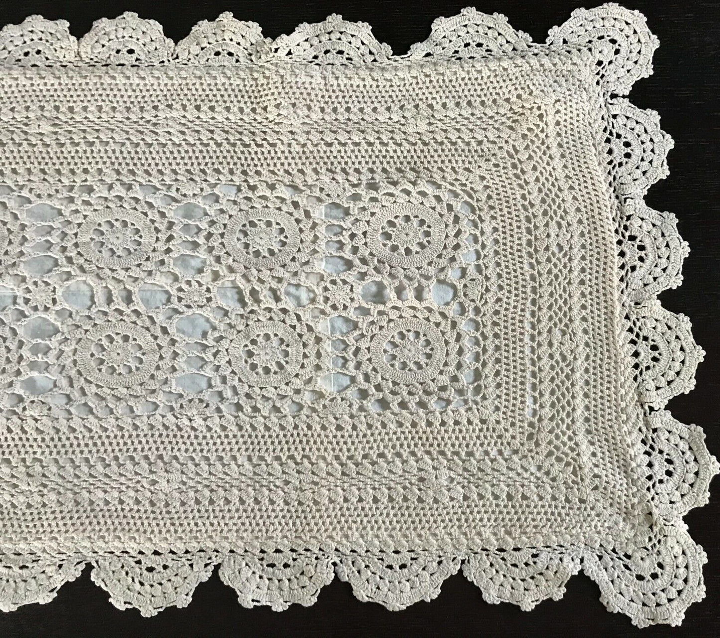 Hand Crochet Lined TABLE RUNNER Doily Rectangle Doilies 90.5 x 36cm Bone Colour