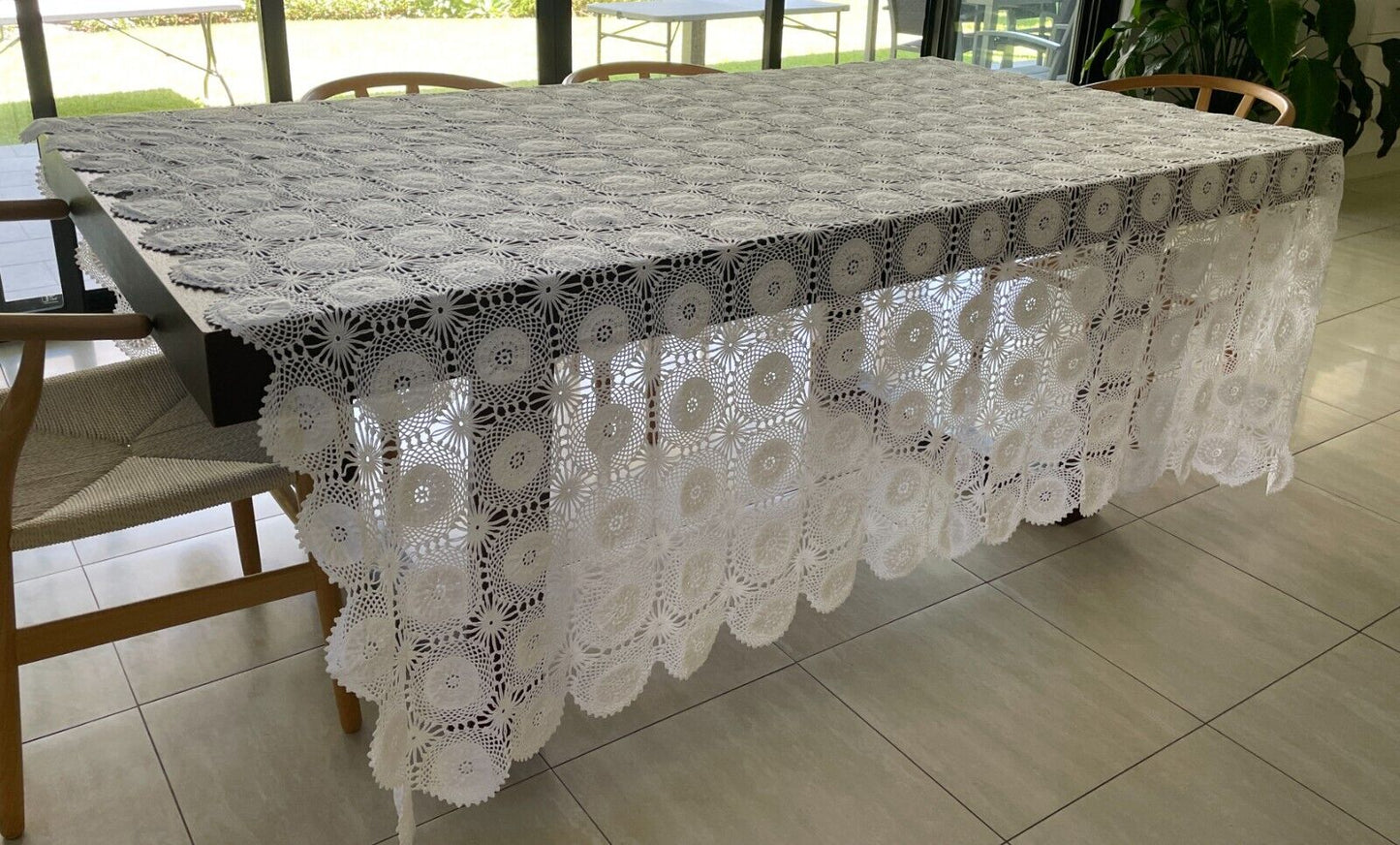 Crochet Lace TABLE CLOTH Bedspread 1970s White Cotton Large 254cm x 349cm