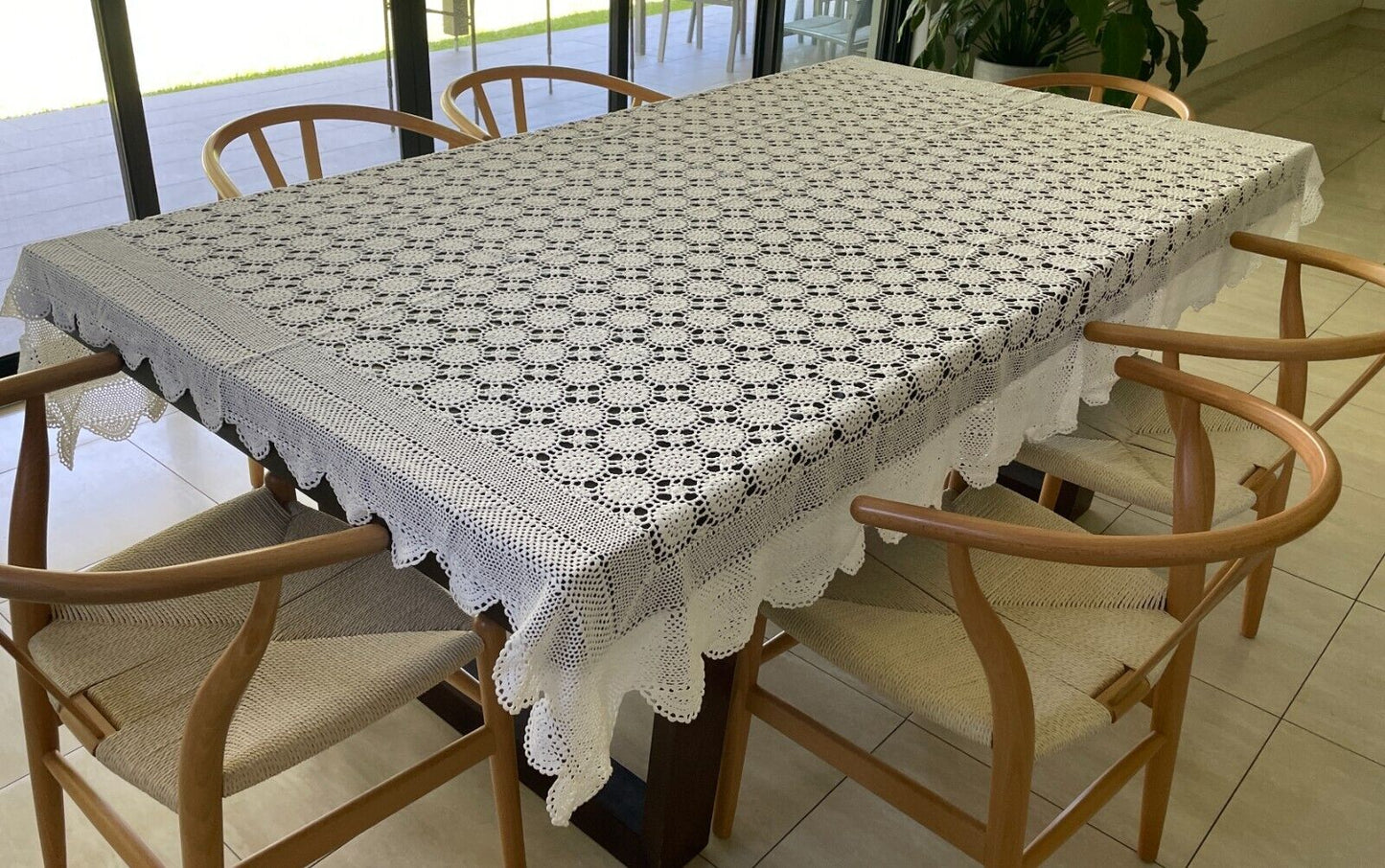 Crochet Lace TABLE CLOTH 1970s White Cotton Rectangle Bedspread 236cm x 171cm